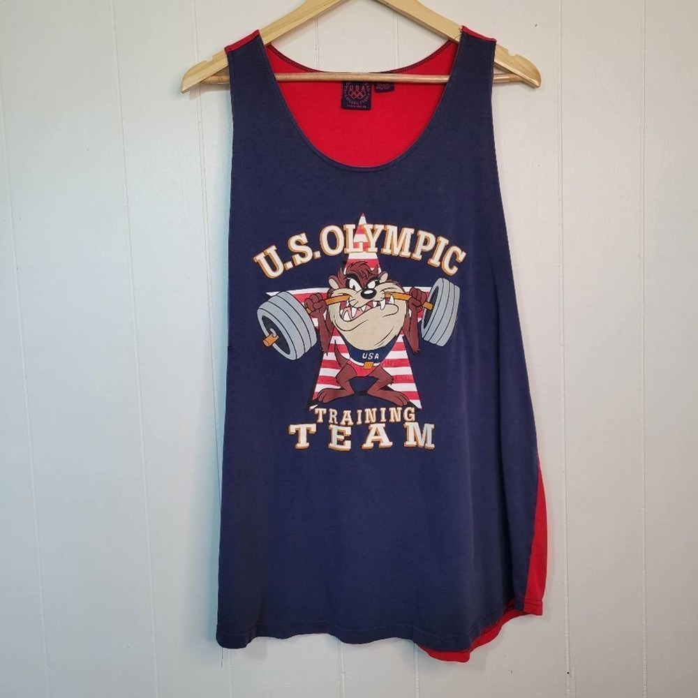 Vintage 1996 USA Olympics Taz Looney Tunes Weight Lifting Muscle Tank Size Large